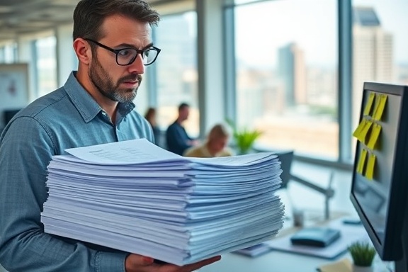stack of tax forms, determined expression, sorting, photorealistic, busy open-plan office with city view, highly detailed, sticky notes on monitor, pin-sharp, bright colors, direct sunlight, shot with a 28mm prime lens.