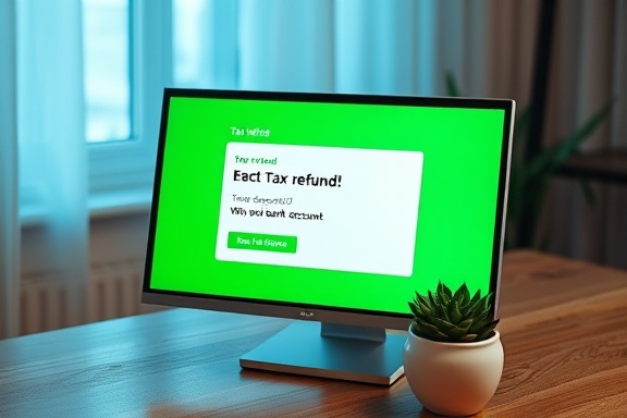 exciting tax refund, relieved, being deposited into a bank account, photorealistic, digital screen on a contemporary wooden table with a potted succulent, highly detailed, notification pop-up appearing, pixel-perfect graphics, green, bright LED screen light, shot with a 24mm camera lens.