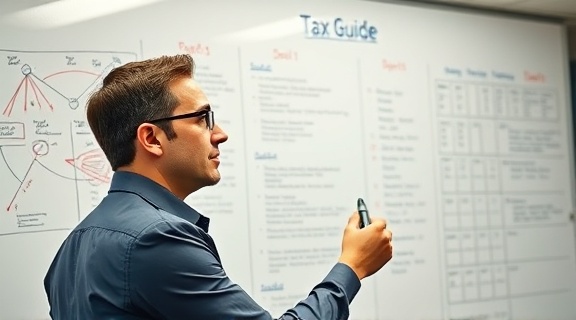 proactive tax guide, thoughtful expression, highlighting key points, photorealistic, at a large whiteboard covered with diagrams and notes, highly detailed, swishing marker sounds, profile shot, contrasting shadows, fluorescent lighting, shot with a 35mm lens.