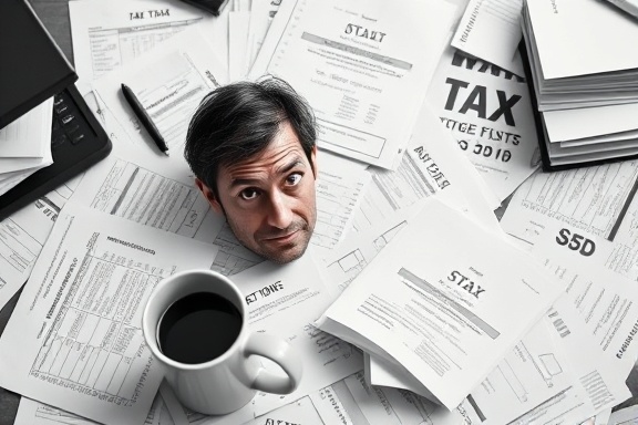scattered tax documents, puzzled expression, searching, photorealistic, busy accountant's desk with coffee cup, highly detailed, pages flipping, monochrome tones, high contrast lighting, shot with a macro lens.