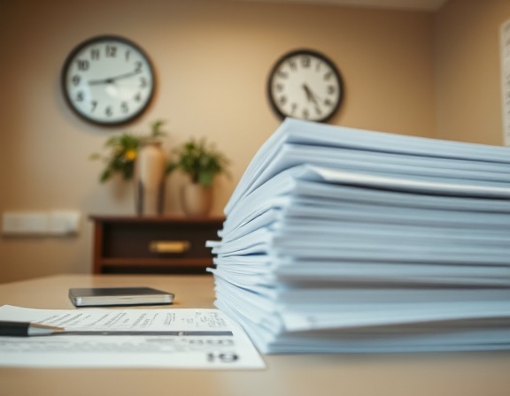 stacked tax documents, focused, getting stamped, photorealistic, in a quiet office with beige walls and a clock showing 11:59, highly detailed, faint shadow of a plant on the wall, crystal clear edges, off-white, soft ambient lighting, shot with a 35mm camera lens.