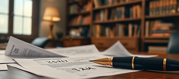 scattered tax document, hurried expression, signing, photorealistic, vintage study room with wooden bookshelf, highly detailed, ink pen on the table, high resolution, rich earth tones, dimmed lamp lighting, shot with a 100mm macro lens.