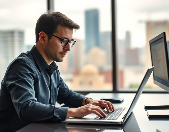 diligent bookkeeping accountant, focused expression, entering data on a laptop, photorealistic, modern office with city skyline view, highly detailed, digital displays, 35mm lens, soft natural light, shot with a Sony A7 III.