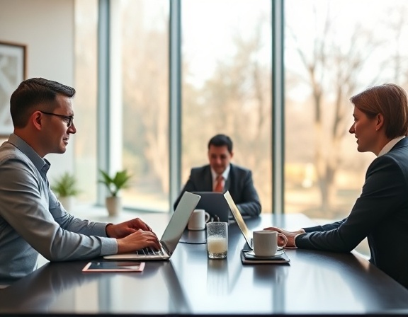 consultative tax solutions team, strategic, evaluating options, photorealistic, in a minimalist boardroom with large windows, highly detailed, laptops and coffee cups on the table, tilt-shift, earth tones, morning light, shot with a tilt-shift lens.