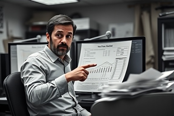 complex tax chart, puzzled expression, pointing, photorealistic, cluttered accountant's office with dual monitors, highly detailed, overflowing paper tray, ultra-HD quality, grayscale color palette, harsh overhead lighting, shot with a 70-200mm telephoto lens.