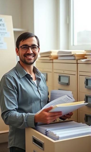 neatly filed tax forms, satisfied expression, categorizing, photorealistic, minimalist office with filing cabinets, highly detailed, document focus, pastel color scheme, natural window lighting, shot with an 85mm lens.