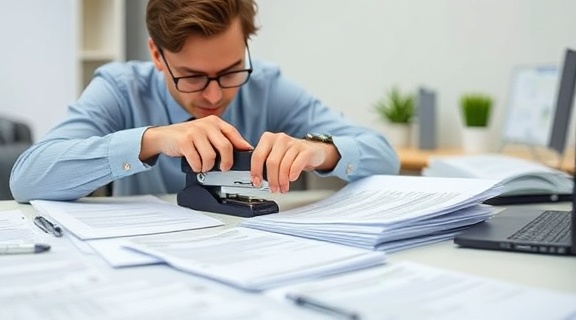 tax forms assembly, focused expression, stapling, photorealistic, modern office with a minimalist desk, highly detailed, sequential order, neutral color palette, balanced soft lighting, shot with a tilt-shift lens.