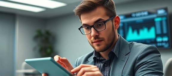 modern tax calculator, focused expression, analyzing, photorealistic, conference room with a digital screen, highly detailed, potted plant in the background, ultra-sharp, monotone color scheme, cool fluorescent lighting, shot with a 85mm lens.