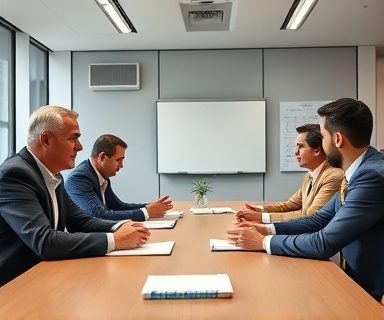 supportive tax relief, empathetic expression, consulting with clients, photorealistic, in a professional meeting room with a large conference table, highly detailed, muffled conversations, medium shot, neutral palettes, overhead lighting, shot with a 24-70mm lens.