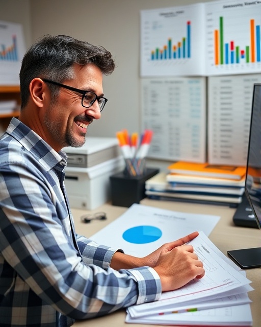 organized bookkeeping financial, satisfied expression, reviewing graphs and charts, photorealistic, workspace filled with colorful court files, highly detailed, animated scatter plots, 85mm lens, bright overhead lighting, shot with a Nikon Z6 II.