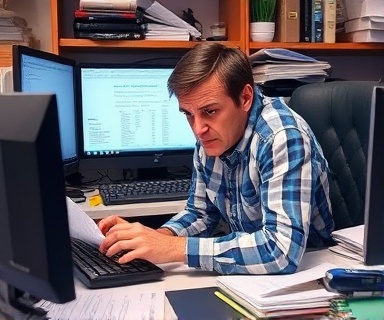 complicated tax filing, frustrated expression, typing, photorealistic, cluttered home workspace with computer monitors, highly detailed, digital and paper mix, vibrant color spread, mixed natural and artificial lighting, shot with a 35mm lens.