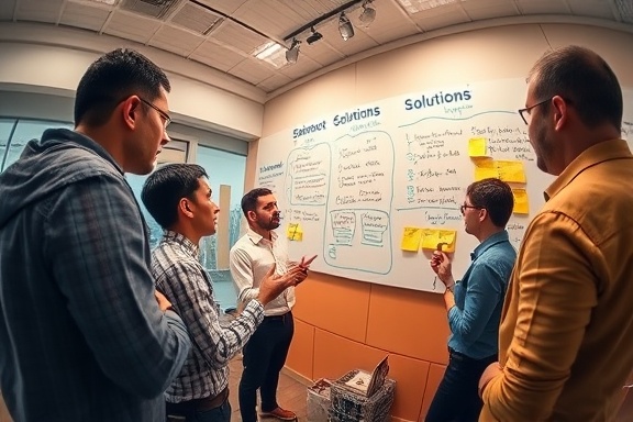 innovative solutions strategy session, engaged, brainstorming ideas, photorealistic, in a collaborative workspace with writable walls, highly detailed, markers and sticky notes, fisheye, warm colors, fluorescent lighting, shot with a fisheye lens.