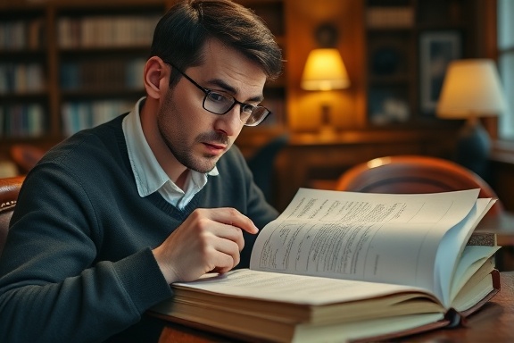 systematic bookkeeping ledger, inquisitive expression, analyzing entries, photorealistic, cozy ambiance with old-style wooden furniture, highly detailed, gentle rustling of pages, 24mm lens, ambient lamplight, shot with a Fujifilm X-T4.
