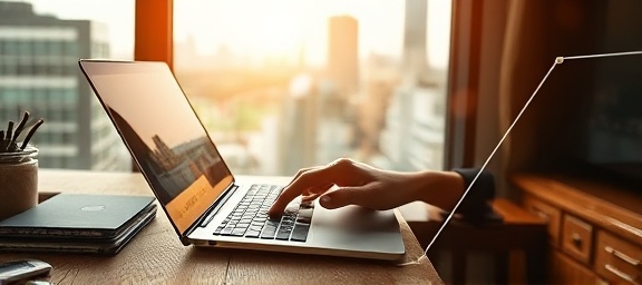 in-depth tax preparation, focused, person entering data on a laptop, photorealistic, at a rustic wooden desk near a glass window overlooking a city, highly detailed, coffee steam rising in ambient background, sharpened pixels, warm brown tones, golden hour light, shot with a 85mm camera lens.