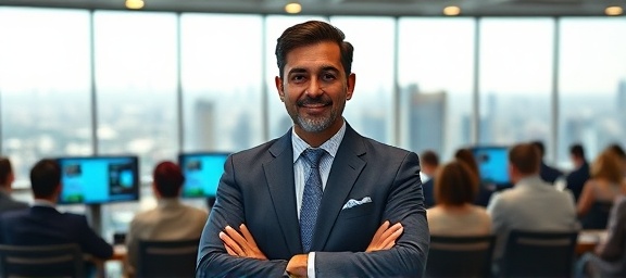 trust taxes, confident expression, presenting at a seminar, photorealistic, conference room with panoramic view of the city, highly detailed, interactive screens projecting information, vignetting effect, vibrant colors, spotlight lighting, shot with an ultra-wide lens