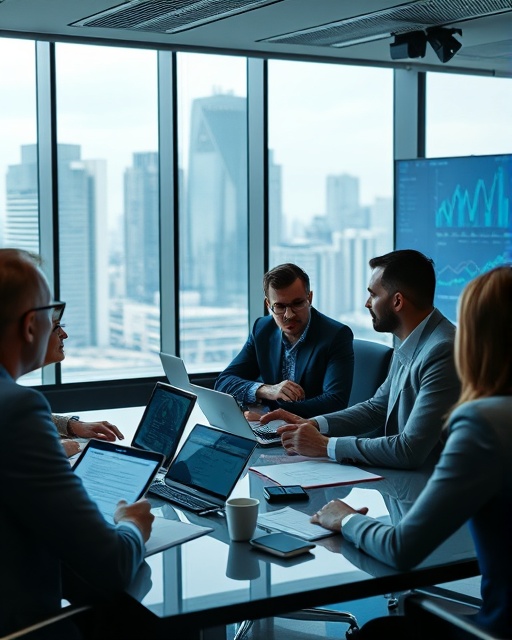 dynamic corporate tax meeting, focused, discussing solutions, photorealistic, in a high-tech conference room with cityscape view, highly detailed, digital screens with graphs, wide-angle, cool tones, soft lighting, shot with a 24mm lens.