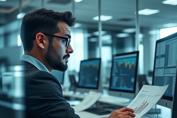 taxes integrity, thoughtful expression, reviewing financial reports, photorealistic, minimalist office with glass partitions, highly detailed, computer screens displaying data, bokeh effect, monochrome color scheme, ambient lighting, shot with a macro lens