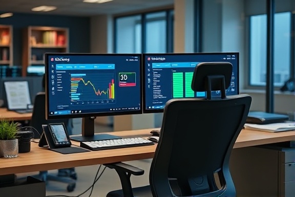 technological bookkeeping software, efficient expression, automating transactions, photorealistic, office with dual monitors and ergonomic chair, highly detailed, flashing notifications, 70-200mm lens, balanced LED lighting, shot with a Panasonic Lumix GH5.